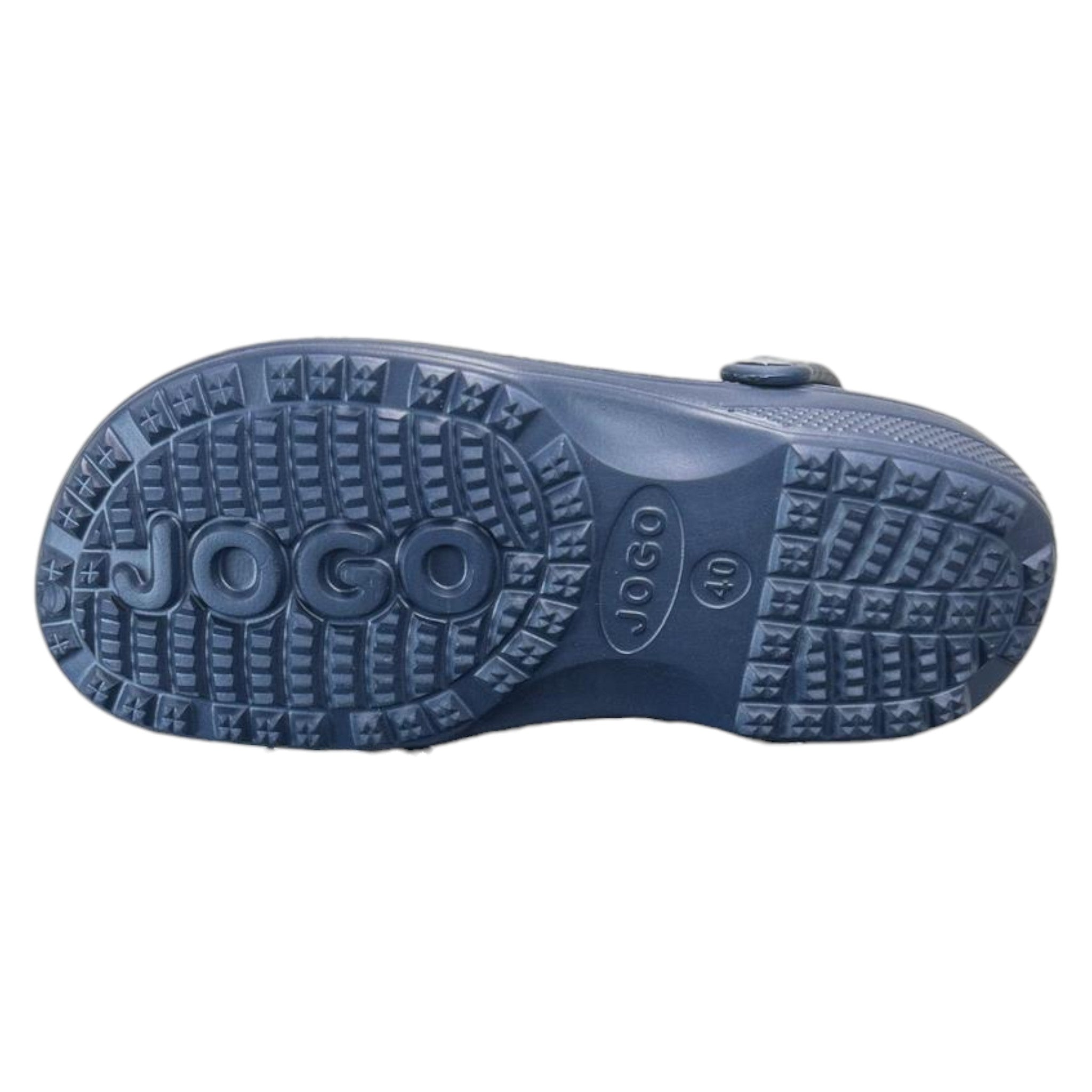 Mens Navy Jogo clogs with breathable ventilation holes and adjustable heel strap – lightweight unisex slip-on garden shoes